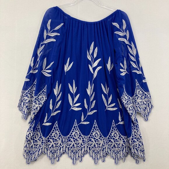 Alfani size XL Royal Blue White Embroidered Mesh Boho Artsy Blouse Festival - Picture 9 of 10